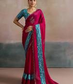 Pink women embellished beads and stones  chiffon designer saree