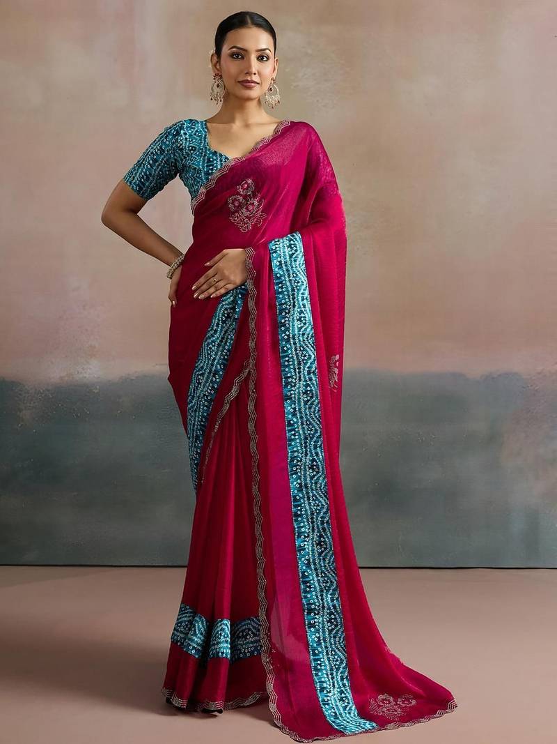 Pink women embellished beads and stones  chiffon designer saree