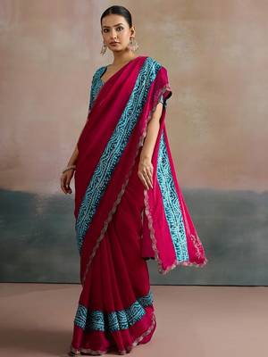 Pink women embellished beads and stones  chiffon designer saree 3