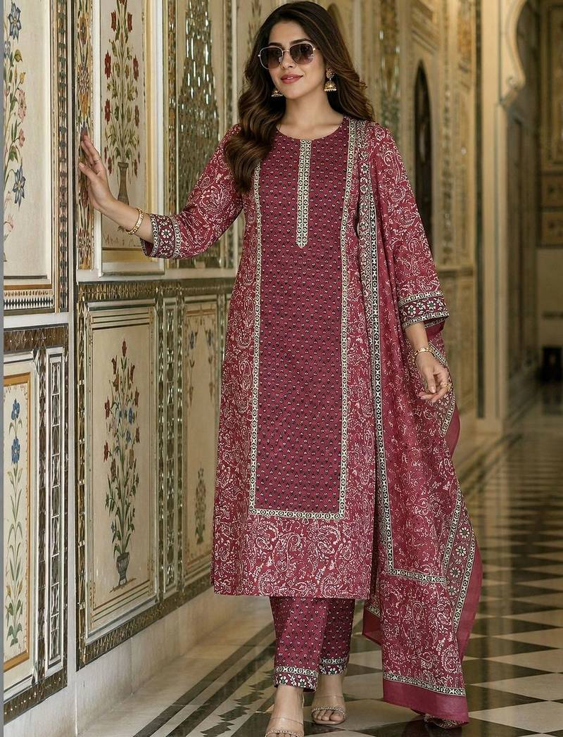 women ethnic motifs printed regular  cotton kurta with trousers & with dupatta