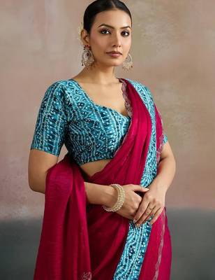 Pink women embellished beads and stones  chiffon designer saree 4