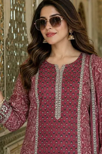women ethnic motifs printed regular  cotton kurta with trousers & with dupatta