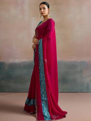 Pink women embellished beads and stones  chiffon designer saree 5
