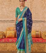 Navy blue ethnic motifs silk blend patola saree