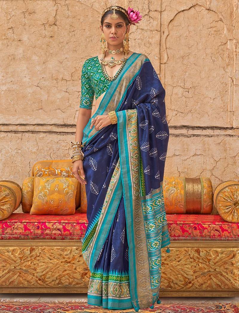 Navy blue ethnic motifs silk blend patola saree