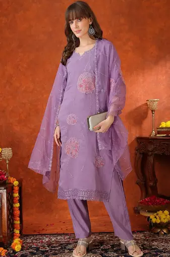 women floral embroidered regular thread work chanderi cotton kurta with trousers & with dupatta