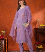 women floral embroidered regular thread work chanderi cotton kurta with trousers & with dupatta