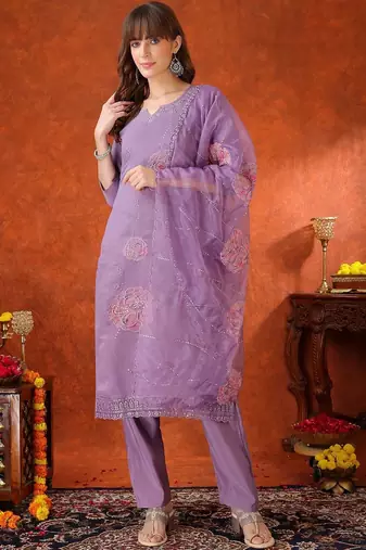 women floral embroidered regular thread work chanderi cotton kurta with trousers & with dupatta