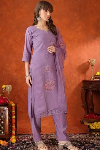 women floral embroidered regular thread work chanderi cotton kurta with trousers & with dupatta