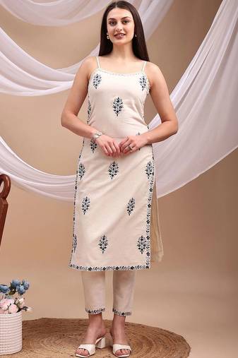 women ethnic motifs embroidered regular thread work  cotton kurta with trousers