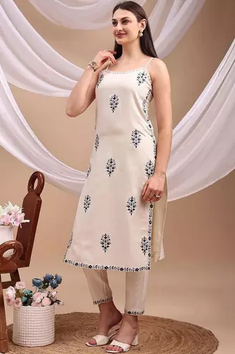 women ethnic motifs embroidered regular thread work  cotton kurta with trousers