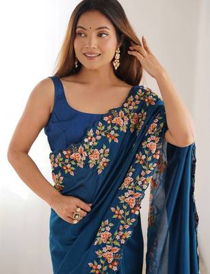 Teal floral embroidered saree 1