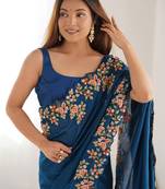 Teal floral embroidered saree