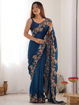 Teal floral embroidered saree 2