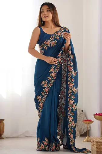 Teal floral embroidered saree