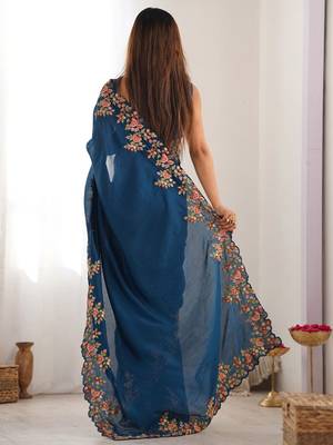 Teal floral embroidered saree 3
