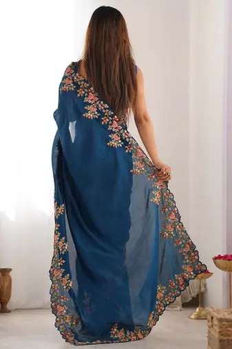 Teal floral embroidered saree