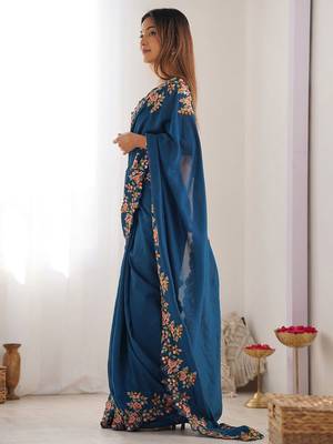 Teal floral embroidered saree 4