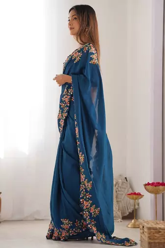 Teal floral embroidered saree