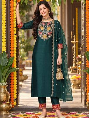 floral embroidered thread work straight kurta with trousers & dupatta 1