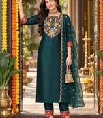 floral embroidered thread work straight kurta with trousers & dupatta