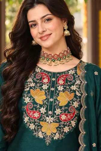 floral embroidered thread work straight kurta with trousers & dupatta