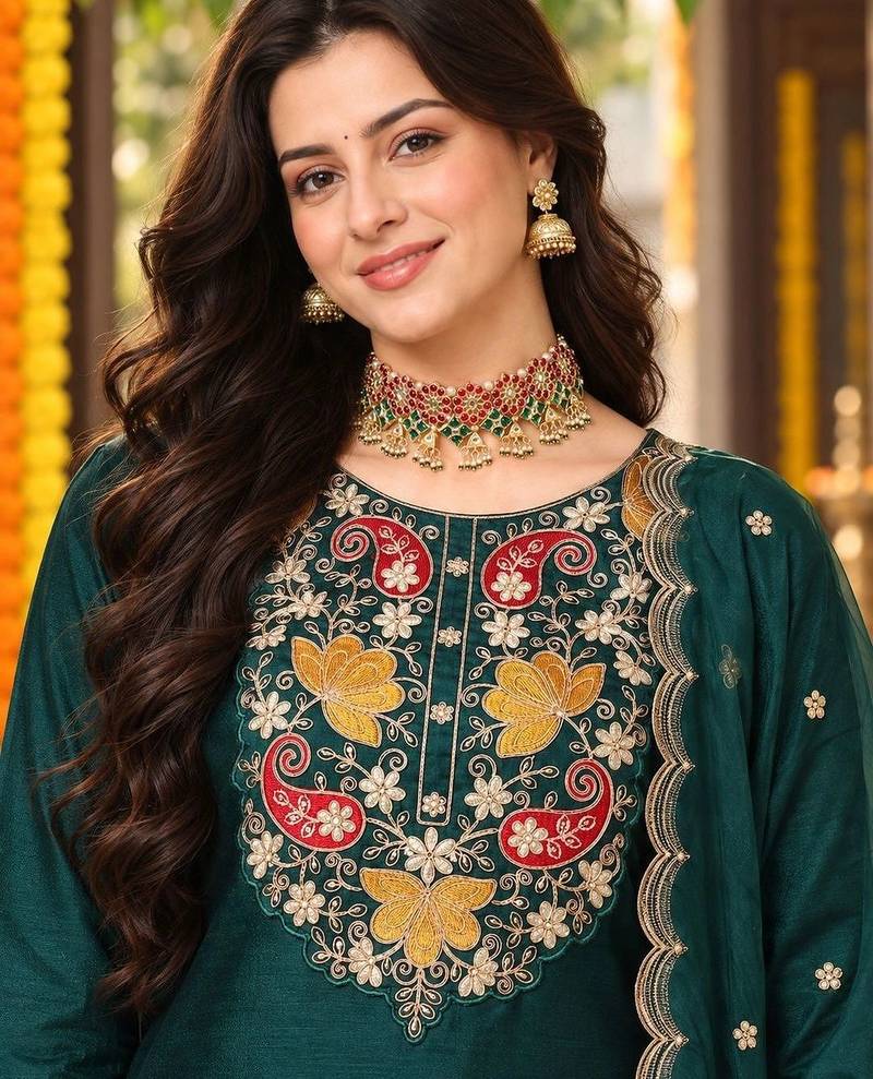 floral embroidered thread work straight kurta with trousers & dupatta