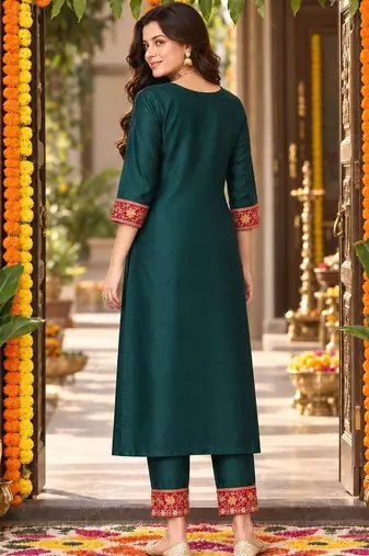 floral embroidered thread work straight kurta with trousers & dupatta
