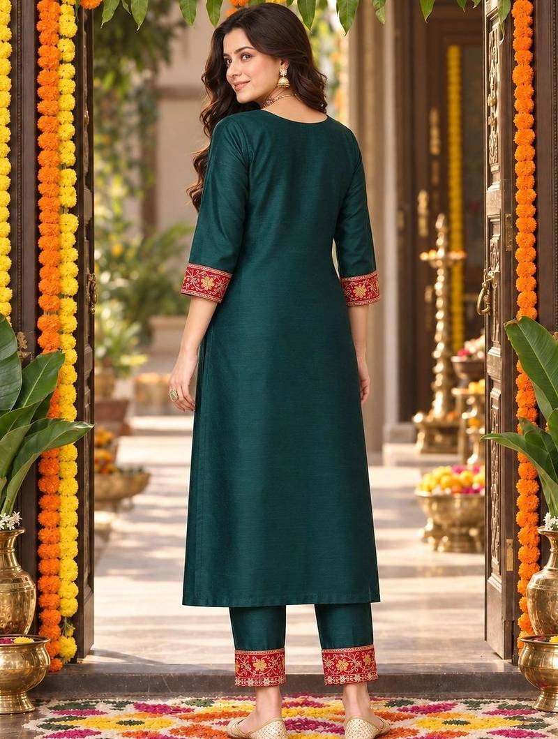 floral embroidered thread work straight kurta with trousers & dupatta