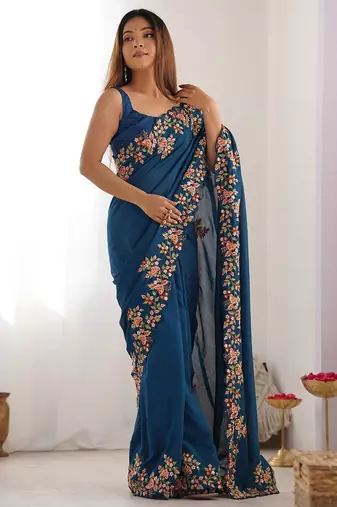 Teal floral embroidered saree