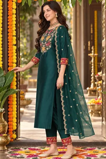 floral embroidered thread work straight kurta with trousers & dupatta