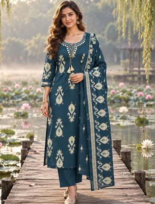 women ethnic motifs printed regular mirror work  cotton kurta with trousers & with dupatta 1