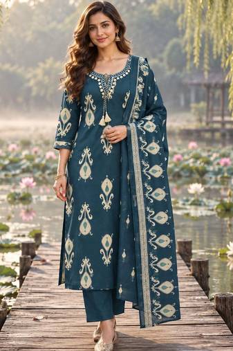 women ethnic motifs printed regular mirror work  cotton kurta with trousers & with dupatta