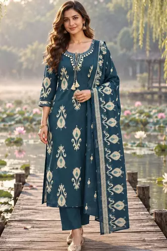 women ethnic motifs printed regular mirror work  cotton kurta with trousers & with dupatta