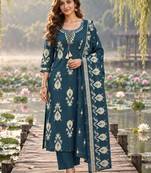 women ethnic motifs printed regular mirror work  cotton kurta with trousers & with dupatta
