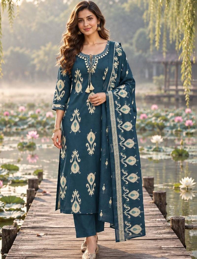 women ethnic motifs printed regular mirror work  cotton kurta with trousers & with dupatta
