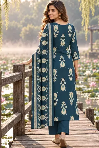 women ethnic motifs printed regular mirror work  cotton kurta with trousers & with dupatta