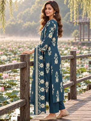 women ethnic motifs printed regular mirror work  cotton kurta with trousers & with dupatta 3