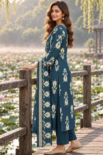 women ethnic motifs printed regular mirror work  cotton kurta with trousers & with dupatta