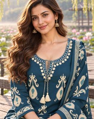 women ethnic motifs printed regular mirror work  cotton kurta with trousers & with dupatta 4