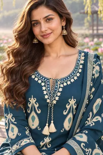 women ethnic motifs printed regular mirror work  cotton kurta with trousers & with dupatta