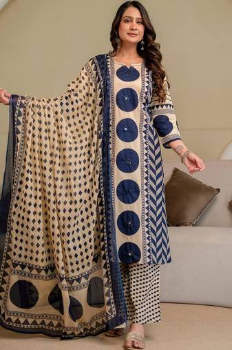 women printed regular  cotton kurta with palazzos & with dupatta