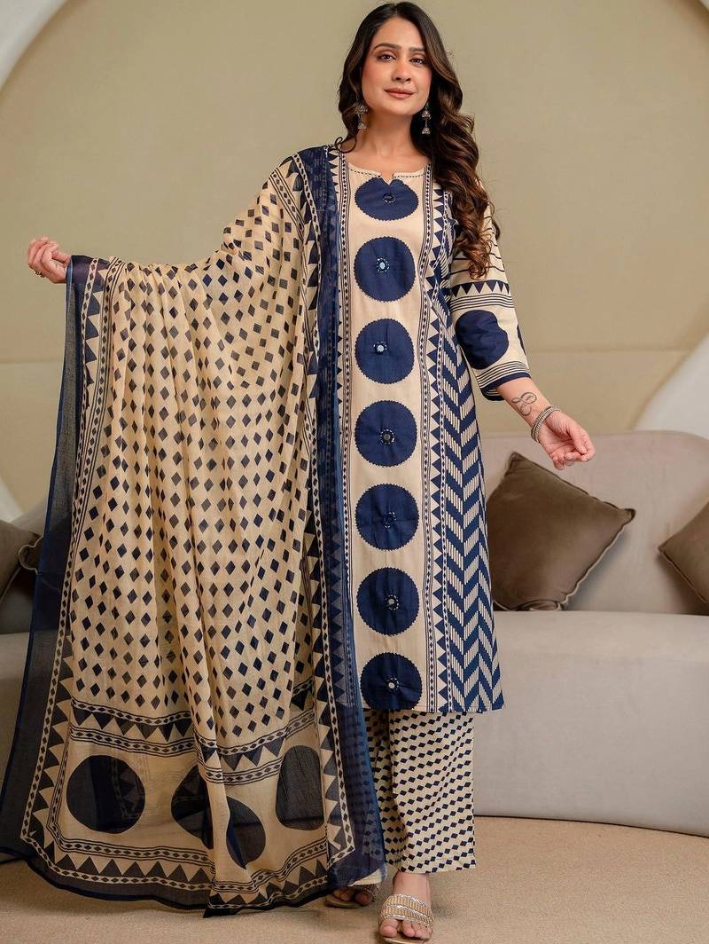 women printed regular  cotton kurta with palazzos & with dupatta