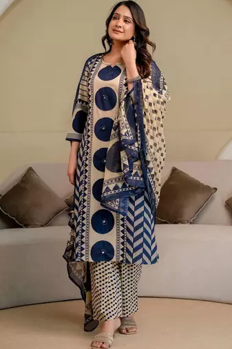 women printed regular  cotton kurta with palazzos & with dupatta