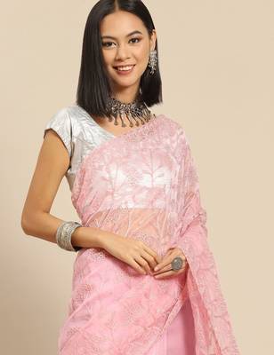 Pink pink floral embroidered organza saree 1