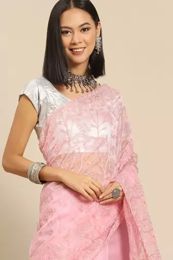Pink pink floral embroidered organza saree