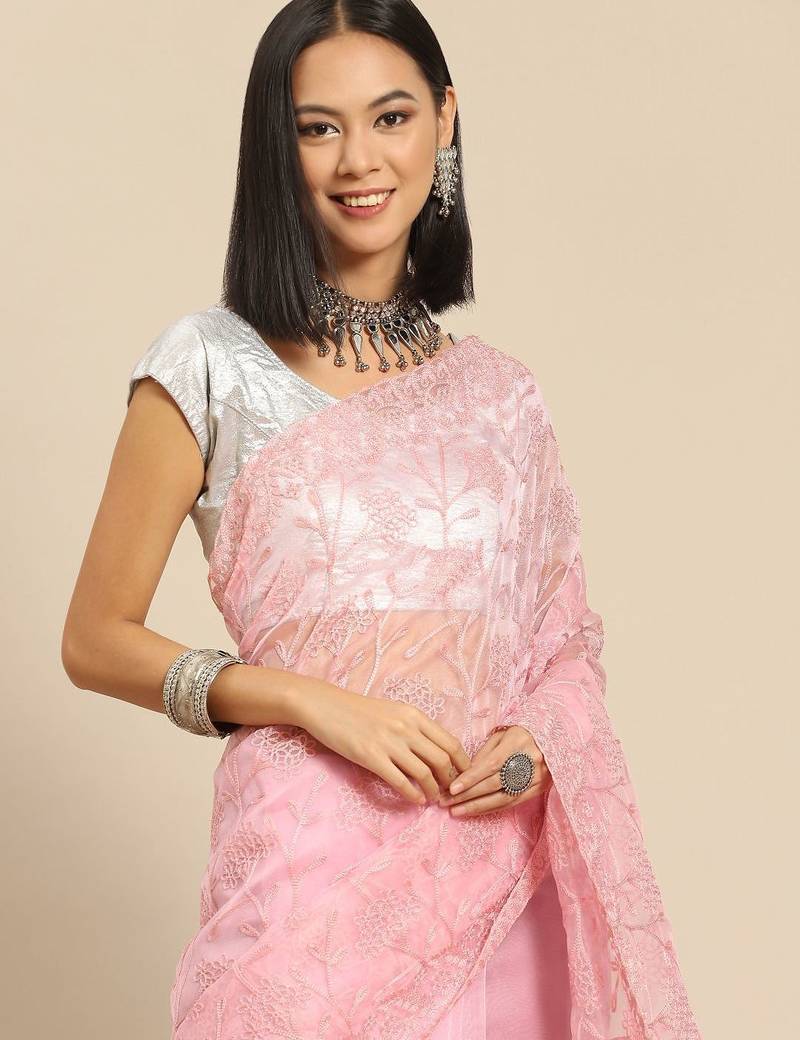 Pink pink floral embroidered organza saree