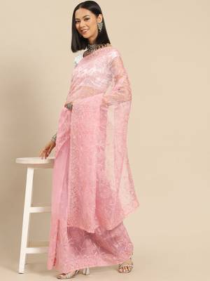 Pink pink floral embroidered organza saree 2