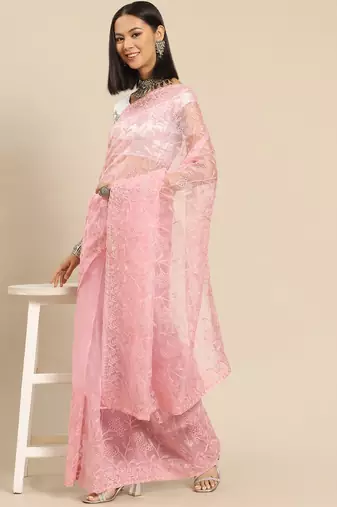 Pink pink floral embroidered organza saree