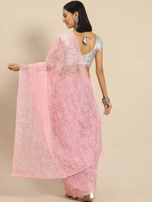 Pink pink floral embroidered organza saree 3